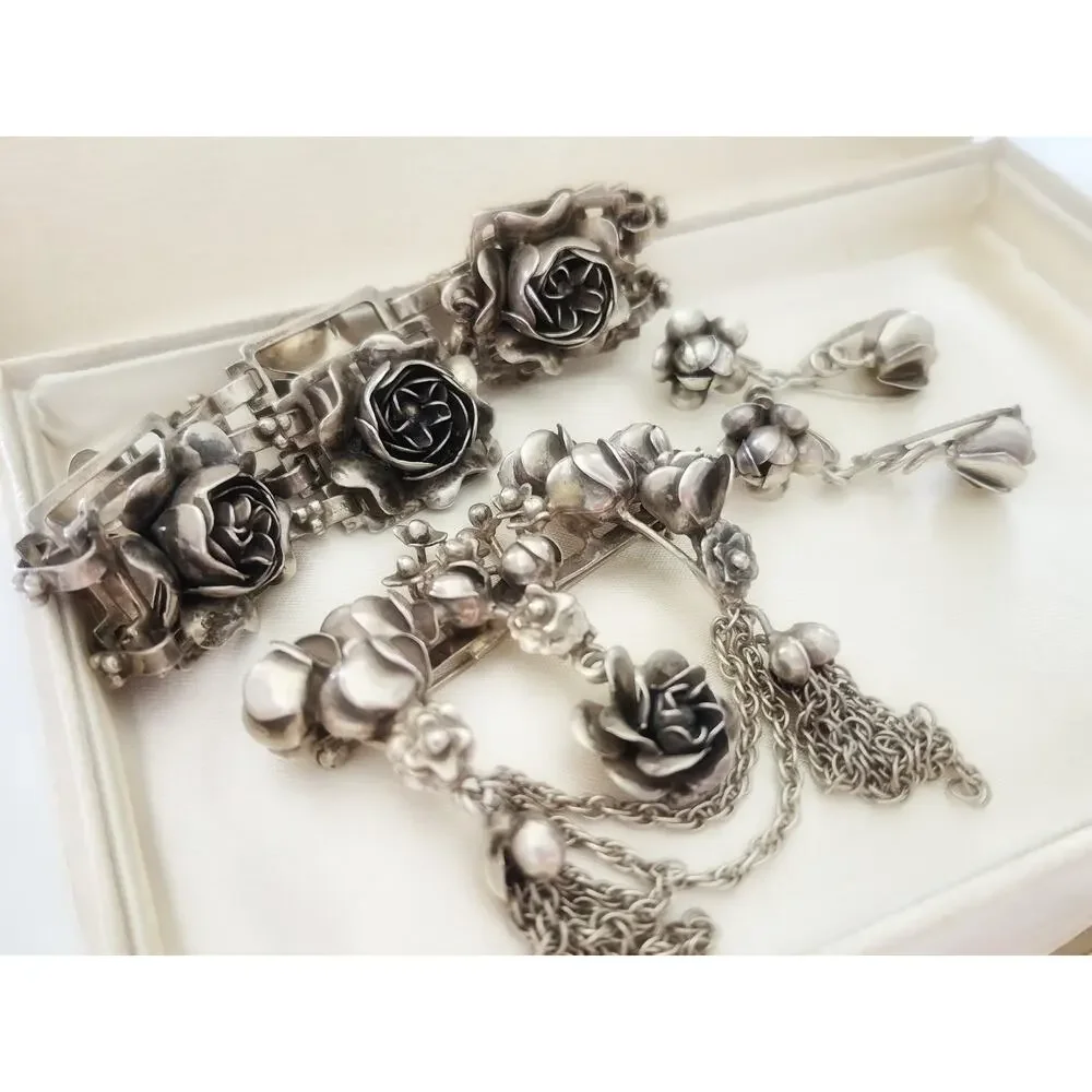 Vintage 1940s Sterling Hobe Rose Floral Bracelet Earring and Brooch Set